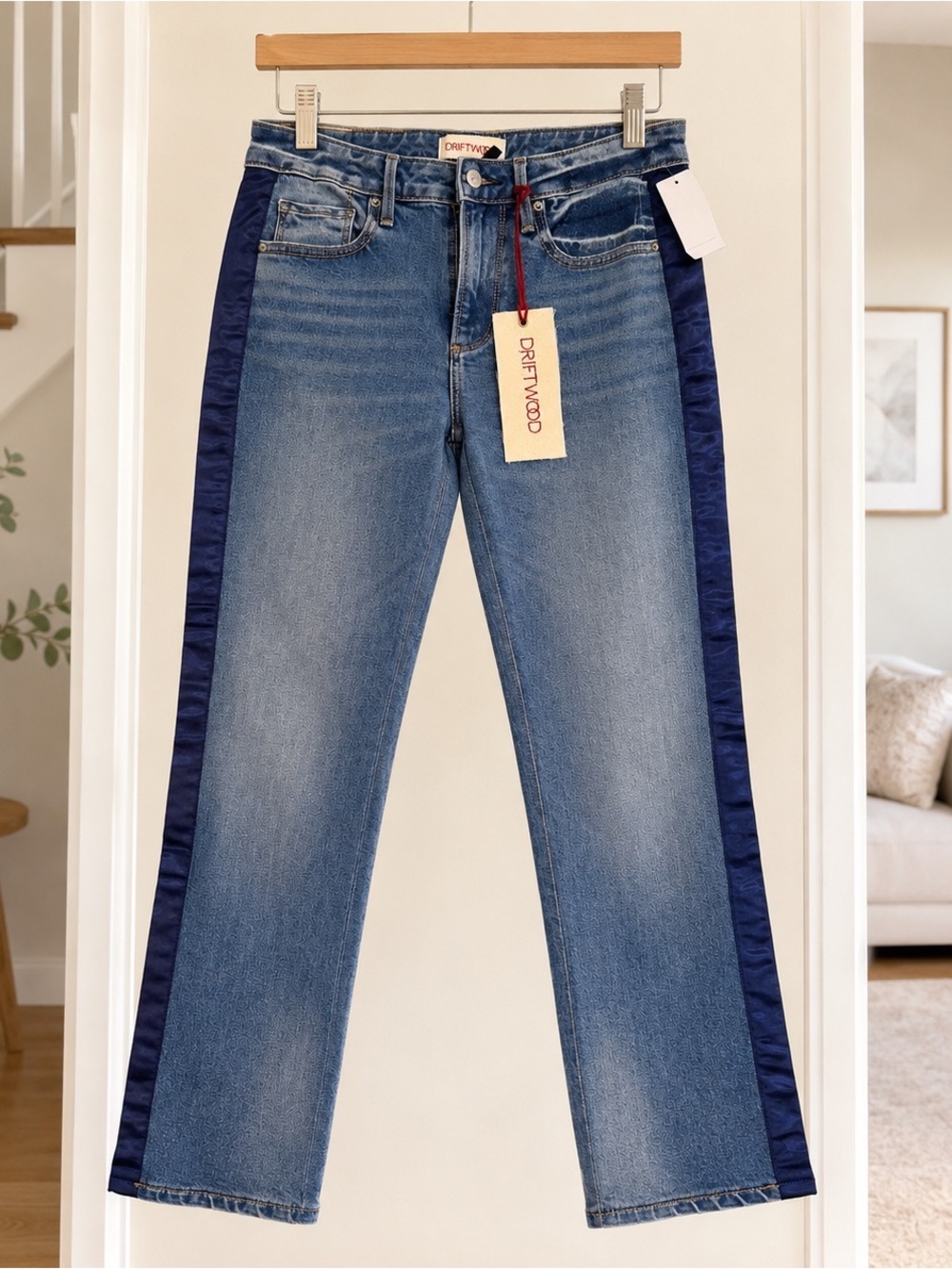 NWT Driftwood Crop Straight Jeans Navy Satin Side Stripe Size 25 $118 MSRP